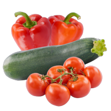 Trostomaten schaal à 500 gram,
paprika rood of courgette